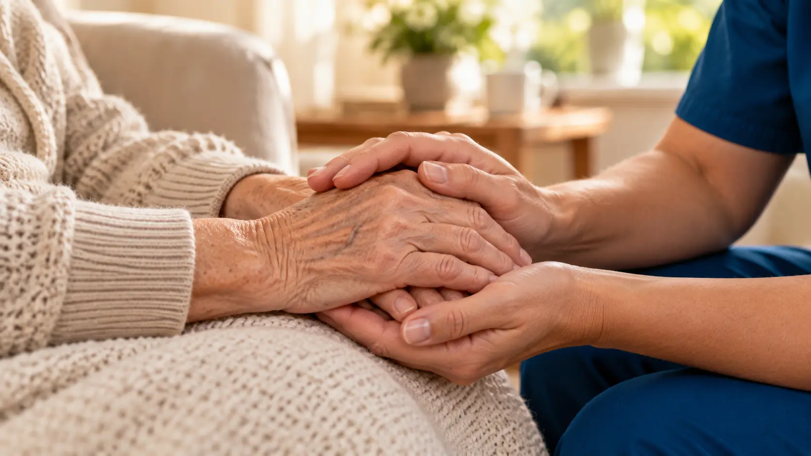 Hände einer Pflegekraft und einer Seniorin